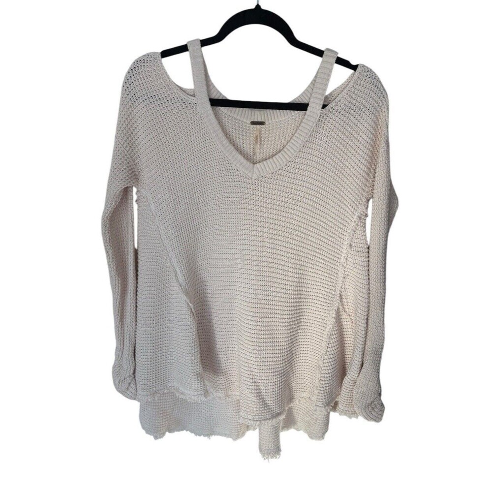 Free People Moonshine Cold Shoulder Cream Waffle Knit Sweater Size S Boho Cotton - Picture 2 of 4